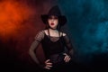 Photo of lady enjoy halloween festival cosplay dark bride witch over mystical neon background