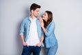 Photo lady guy couple in love look eyes sincere feelings stand cuddle together holding hands shoulder romantic date wear