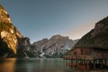 Photo of Lake Braies Lago di Braies in Dolomites Mountains, Italy. Hiking travel and adventure.