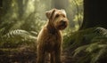 photo of Lakeland terrier standing on a forest path. Generative AI Royalty Free Stock Photo
