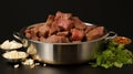 Photo of large metal pot filled with variety of delicious meat and vegetables. Perfect for