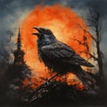 Gothic Horror Painting Crow In An Orange Sky
