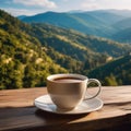 Latte Art in A coffee cup on a wooden table overlooking a Italy valley with trees