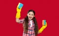 photo of laughing girl housecleaner do chores with sponge. girl housecleaner do chores