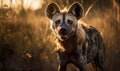 photo of laughing hyena in tall grass at sunset. Generative AI