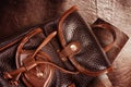 Photo of leather backpack on leather roll background Royalty Free Stock Photo