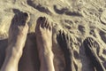 Photo of legs of young girl and paw of dog in sand on summer beach on the walk. selfie feet