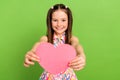 Photo of little friendly schoolkid beaming smile arms hold give you heart symbol card isolated on green color background Royalty Free Stock Photo