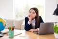 Photo of little pretty student school girl distracted look up notebook online lesson not listen teacher flying far away