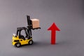 Photo of loader delivering bringing wooden cube supply management arrow pointing up sales start-up strategy isolated