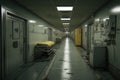 A photo of a long hallway in a residential building with a bed placed against the wall and a yellow door at the end, Hospital Royalty Free Stock Photo