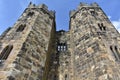 The twin towers of the keep at Alnwick castle in Northumberland, Britain