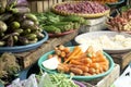 lots of carrots, eggplants, long bean and shallots are being sold in the market