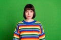 Photo of lovely attractive nice woman wear colorful sweater smile good mood isolated on green color background