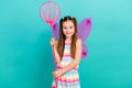 Photo of lovely cheerful girl wear trendy costume hand hold pink fishing net catch butterfly isolated on blue color Royalty Free Stock Photo