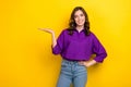 Photo of lovely confident woman with wavy hairstyle dressed purple shirt palm presenting object empty space on