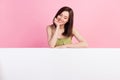 Photo of lovely dreamy lady arm touch face interested look placard poster empty space on pink color background