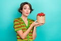 Photo of lovely funky girl tongue lick lips arms hold strawberries basket isolated on teal color background Royalty Free Stock Photo