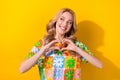 Photo of lovely girlfriend wife bride lady hands showing heart gesture flirty look side shy person yellow color