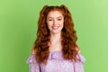 Photo of lovely orange hairstyle young lady wear violet blouse isolated on green color background