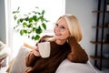 Photo of lovely pretty dreamy lady sitting comfy sofa dressed warm sweater drinking tea enjoying vacation indoors Royalty Free Stock Photo