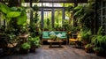 Photo of a lush and vibrant living room filled with an abundance of green plants