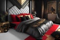 Ai generated a luxurious black and gold themed bedroom with a vibrant red carpet