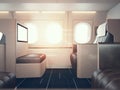 Photo of luxury airplane interior. Blank digital panel holding. Horizontal mockup. 3d render Royalty Free Stock Photo