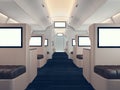 Photo of luxury airplane interior, first class. Blank digital panels holding. Empty space. Horizontal mockup. 3d render Royalty Free Stock Photo