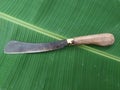 This is a photo of a machete located on a banana leaf, a machete is an object used for cutting