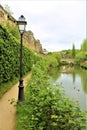 The rocky fortification in Luxembourg City and bridge over Alzette river.
