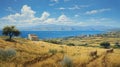 Antique Greek Island: Realistic Oil Painting Of Vast Wheat Fields And Ocean