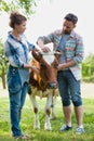 Male farmer checking on his herd with his wife on farm