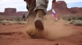 Photo of male Navajo military soldier kicking rock, focus on boot covered in dust.