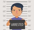 Photo of man arrested with sign in police station. Funny cartoon vector illustration