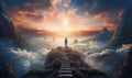 Photo of a man ascending a stairway towards the infinite sky