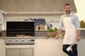 photo of man grilling salmon fillet for barbecue, banner. man grilling salmon fillet.