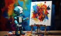Photo of a man painting a futuristic robot on a canvas