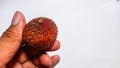 photo of a man's hand holding a lychee on a white background. Royalty Free Stock Photo