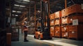 Photo of a man standing in front of a forklift in a warehouse