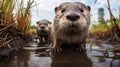 Environmental Awareness: Captivating Otters In A Sovietwave Pond