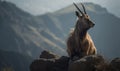 Photo of markhor Capra falconeri perched on a rocky outcrop overlooking a sprawling mountain range. images highlighs the markhors Royalty Free Stock Photo