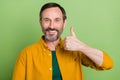 Photo of mature handsome man happy positive smile show thumb-up fine perfect recommend isolated over green color