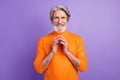 Photo of mature man happy positive smile cunning tricky idea plan isolated over violet color background