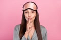 Photo of mature woman happy positive smile cover lips finger shh keep secret confidential isolated over pink color Royalty Free Stock Photo