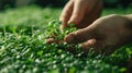 Photo of microgreen and person& x27;s hands in shot, healthy food and vegan diet concept, plant on a blurred background Royalty Free Stock Photo