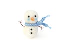 Photo Miniature fake snowman with blue scarf on white background. Photo for illustration of Christmas and New Year`s toy. Dollhous Royalty Free Stock Photo