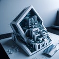 Ai generated a miniature house model placed on a desk beside a computer keyboard Royalty Free Stock Photo