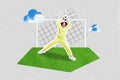 Photo minimal design collage of young excited sportswoman catch ball play soccer goalkeeper wear yellow costume isolated Royalty Free Stock Photo