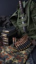 Photo of 5.56mm ammunition, machine gun bullets belt